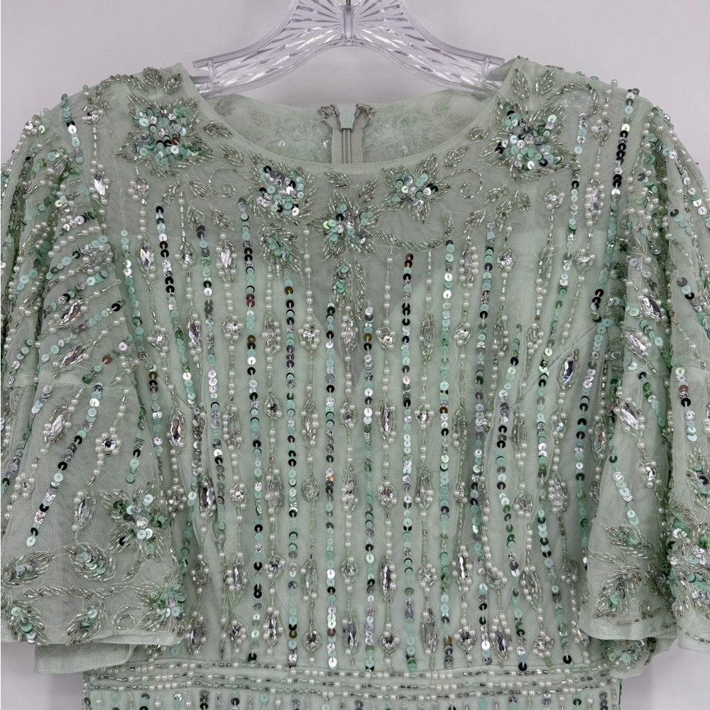 Mac Duggal NWT Sequined Flounce Sleeve Midi Dress Sage Green Size 4 - Picture 6 of 16